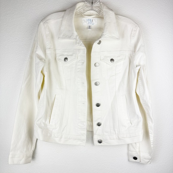 Time and Tru Womens White Denim Jacket Small Button Front Cotton Blend - Picture 1 of 6